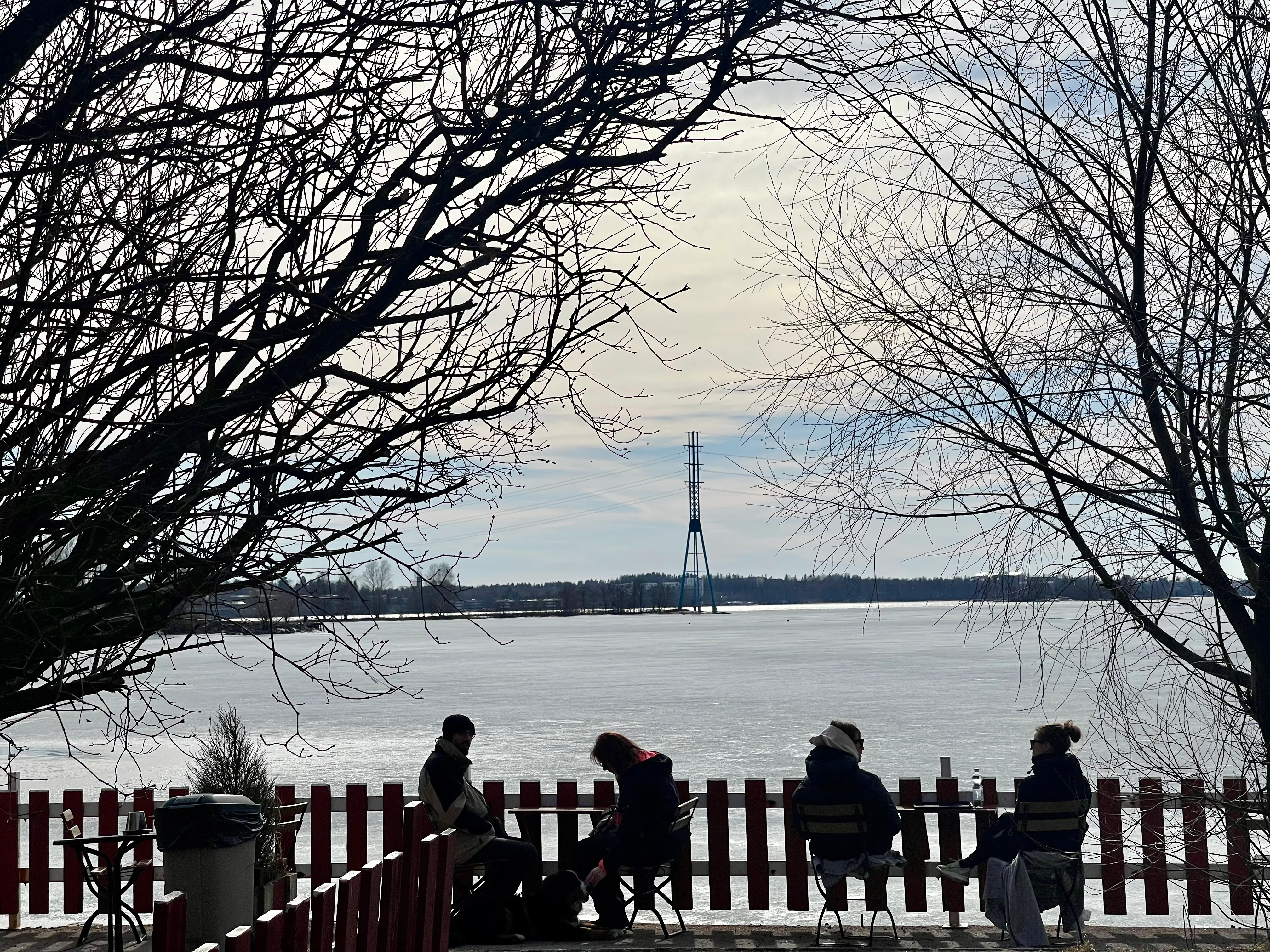 Cafe Regatta's outdoor seating by the frozen bay in winter