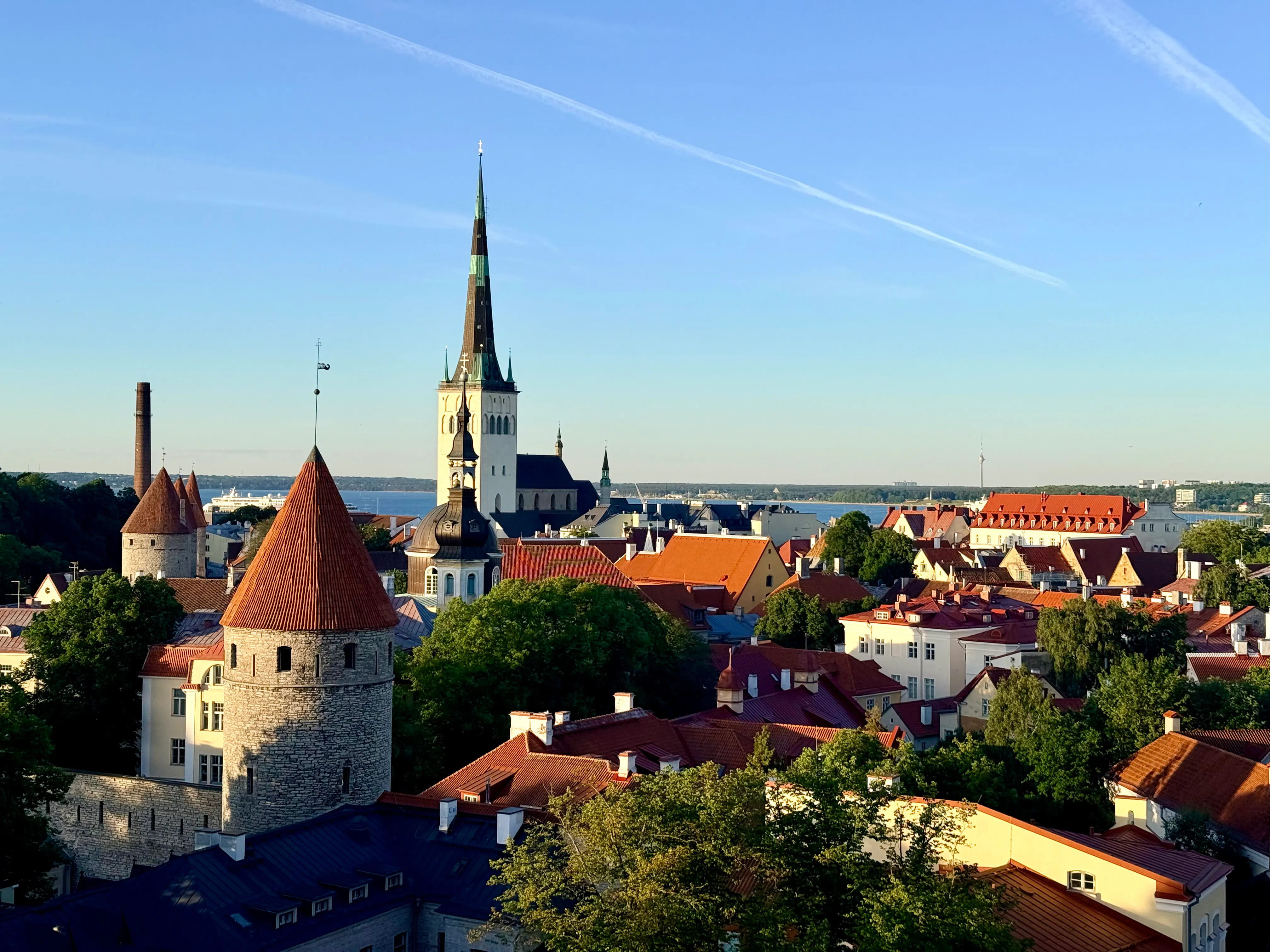 Tallinn Old Town skyline with St. Olaf's Church spire, seen in summer